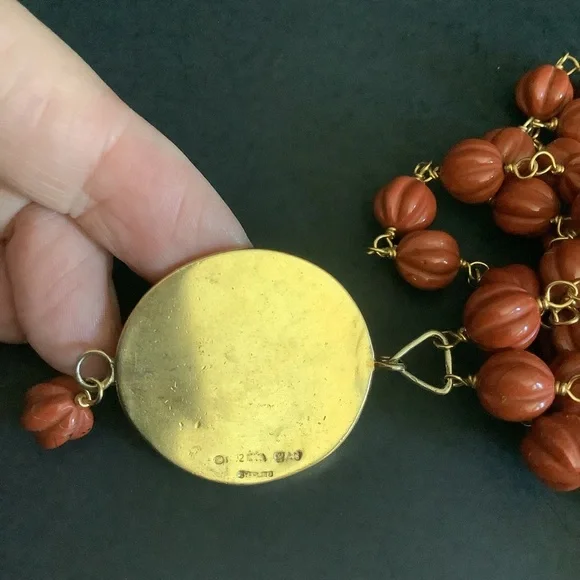 Vintage gold over sterling genuine carved jasper pendant necklace.